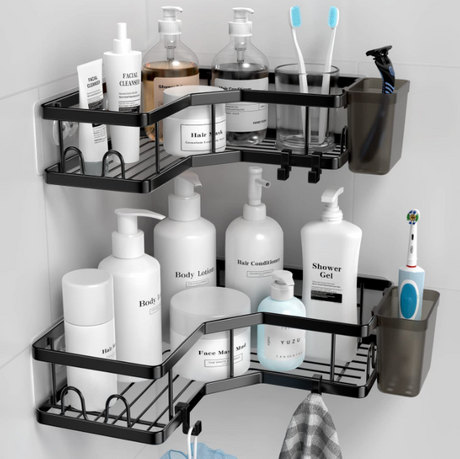 Raft de dus tip etajera colt organizator baie, din otel inoxidabil, set 2 buc, negru