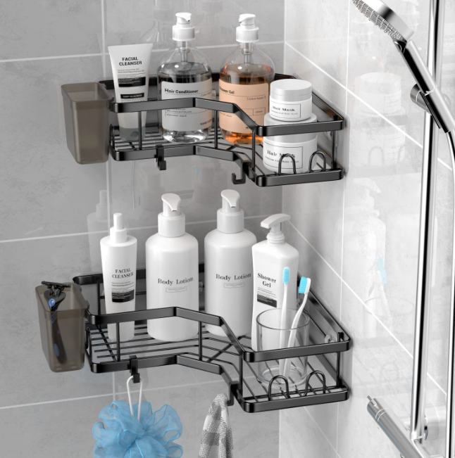 Raft de dus tip etajera colt organizator baie, din otel inoxidabil, set 2 buc, negru