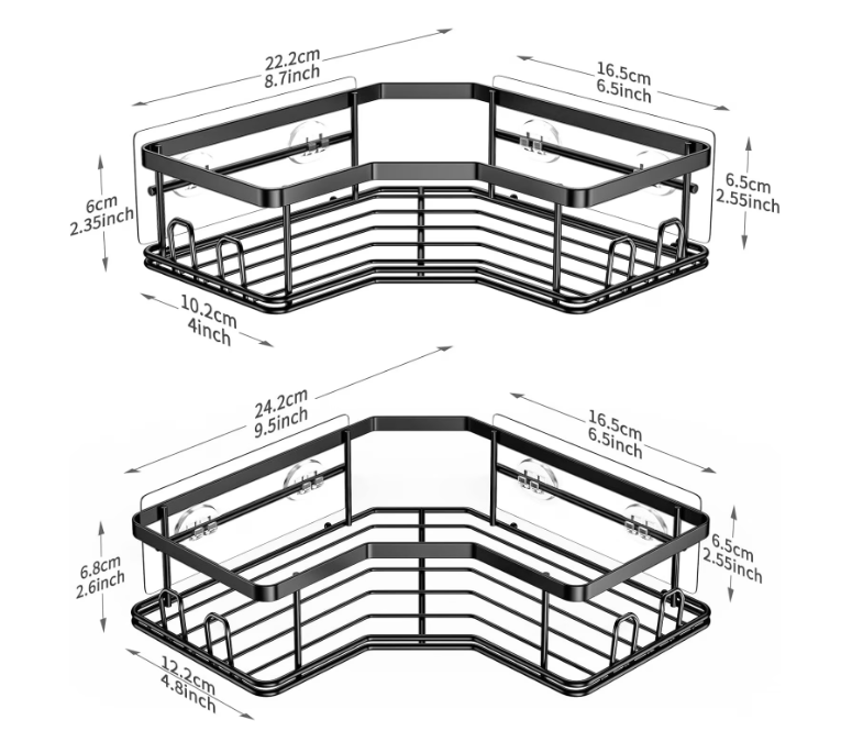 Raft de dus tip etajera colt organizator baie, din otel inoxidabil, set 2 buc, negru