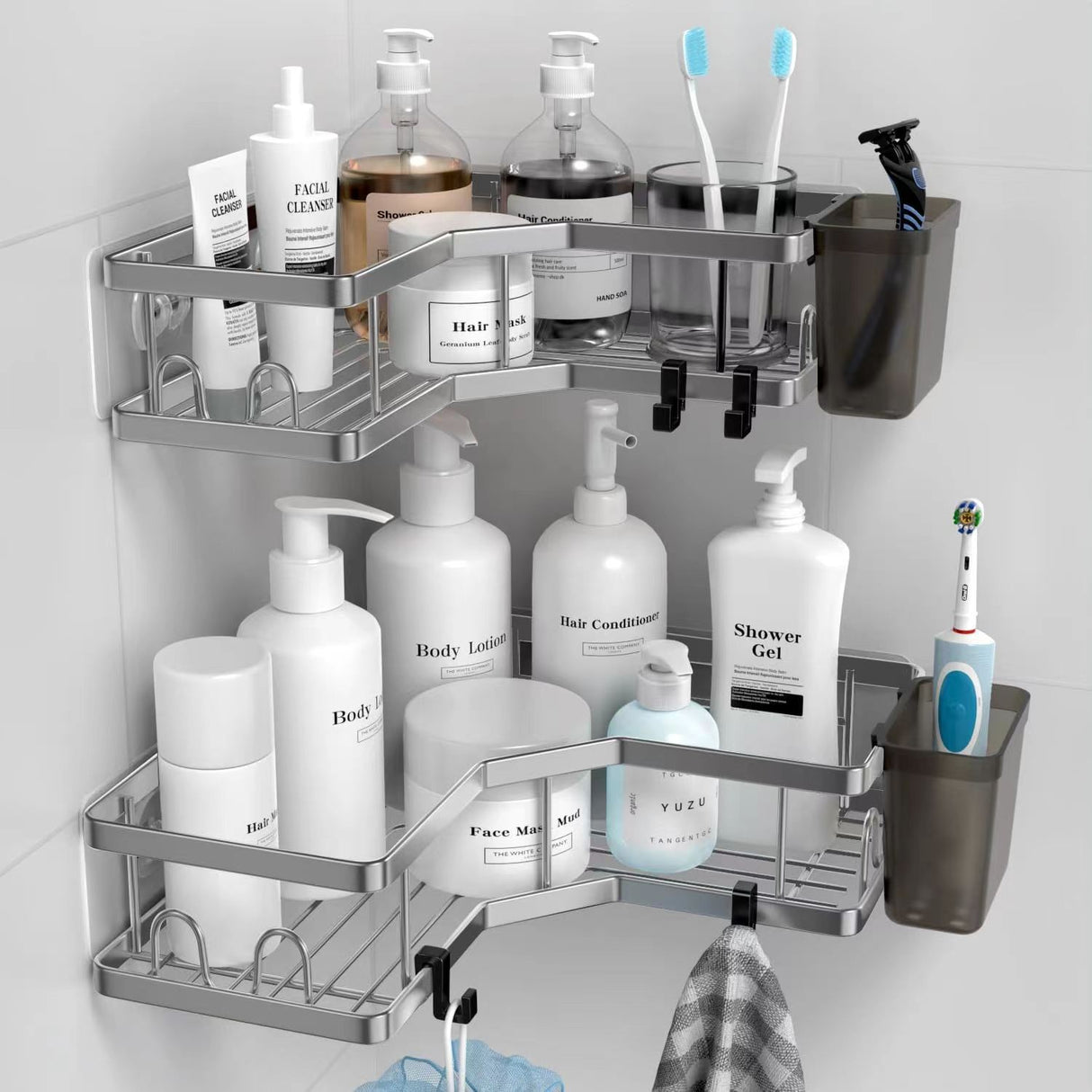 Raft de dus, tip etajera colt, organizator baie, etajera baie, coltar, din otel inoxidabil, set 2 buc