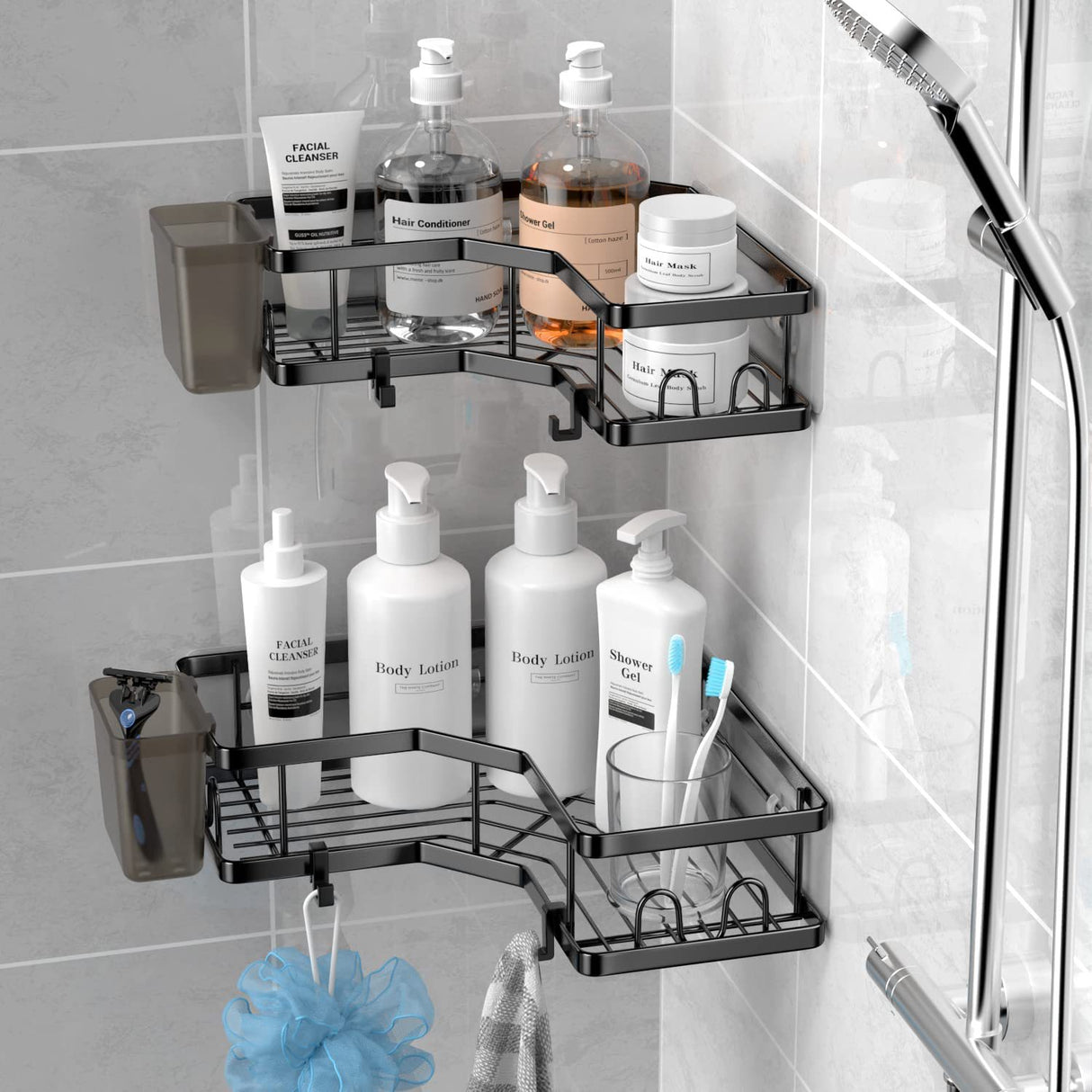 Raft de dus, tip etajera colt, organizator baie, etajera baie, coltar, din otel inoxidabil, set 2 buc