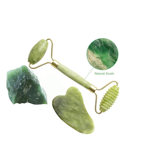 Rola masaj facial antirid, anticearcane, lifting, jad natural, aparat electric, gua sha, verde, 145 mm