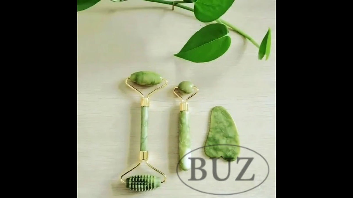 Rola masaj facial antirid, anticearcane, lifting, jad natural, aparat electric, gua sha, verde, 145 mm - BUZ.RO