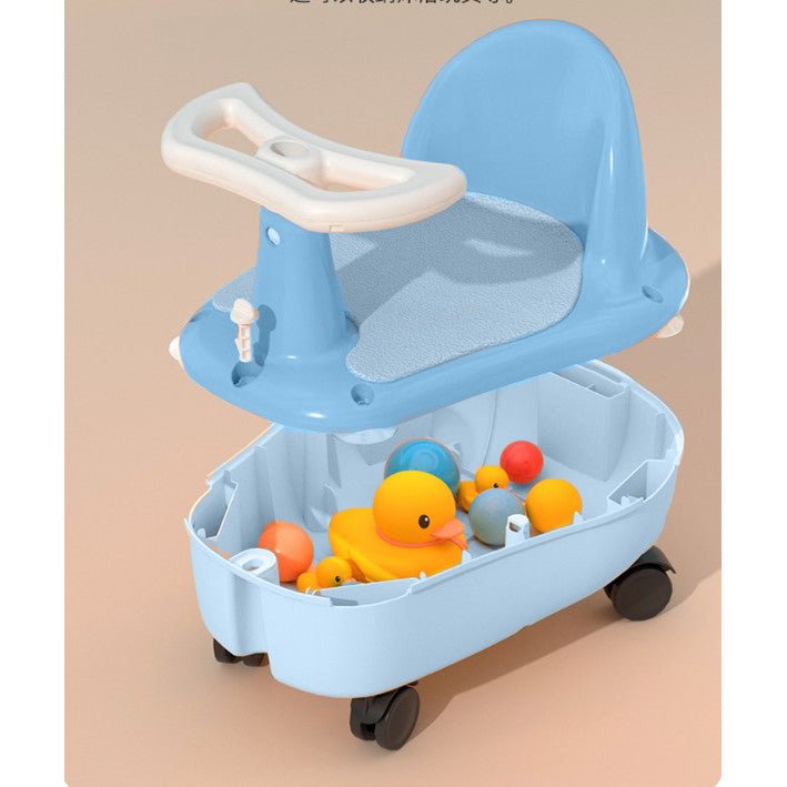 Scaun de baie si tricicleta 2in1 pentru bebe , cu husa antiderapanta, cutie depozitare pe roti, universal, +6 luni, albastru - BUZ.RO