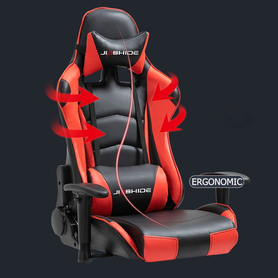 Scaun gaming profesional, ergonomic, cu cadru de otel, din piele sintetica, negru cu rosu - BUZ.RO