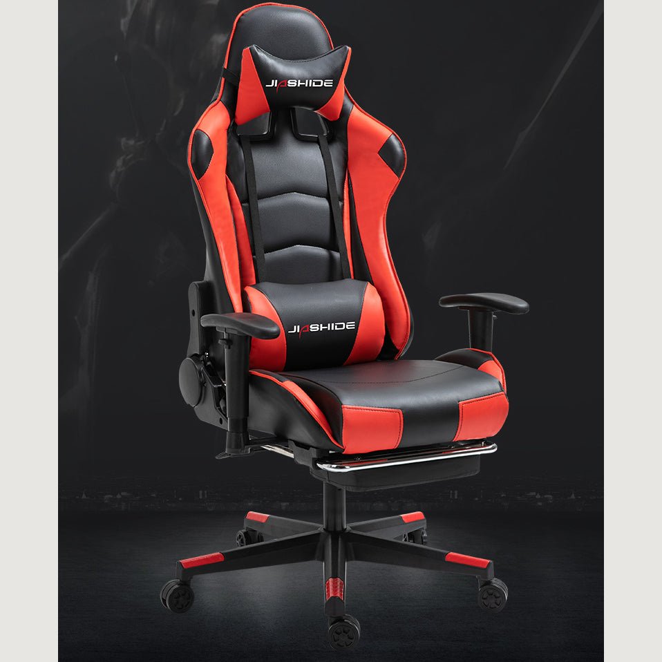 Scaun gaming profesional, ergonomic, cu cadru de otel, din piele sintetica, negru cu rosu - BUZ.RO