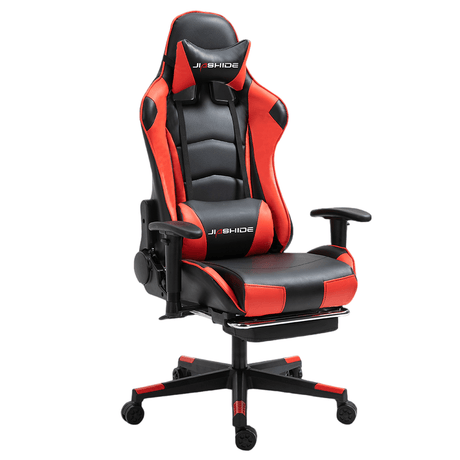 Scaun gaming profesional, ergonomic, cu cadru de otel, din piele sintetica, negru cu rosu - BUZ.RO