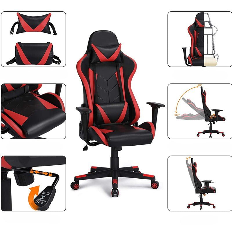 Scaun gaming profesional, ergonomic, cu cadru de otel, din piele sintetica, negru cu rosu - BUZ.RO