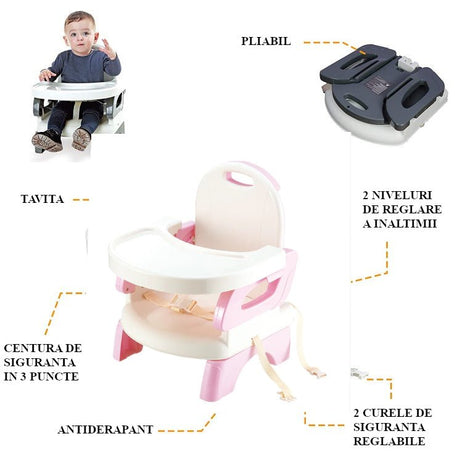 Scaun inaltator de masa, pentru bebe, copii, booster, pliabil si reglabil, roz - BUZ.RO