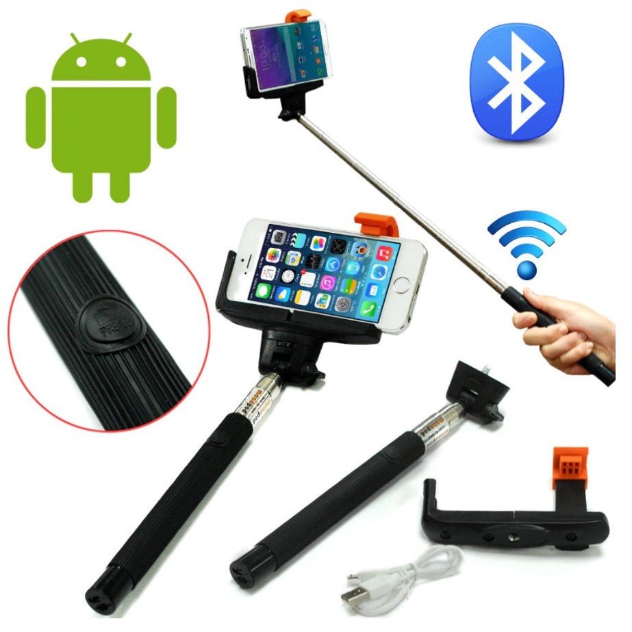 Selfie stick cu bluetooth pe maner, inclinatie reglabila, maxim 1m distanta, negru cu portocaliu, buz - BUZ.RO