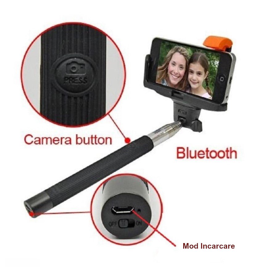 Selfie stick cu bluetooth pe maner, inclinatie reglabila, maxim 1m distanta, negru cu portocaliu, buz - BUZ.RO
