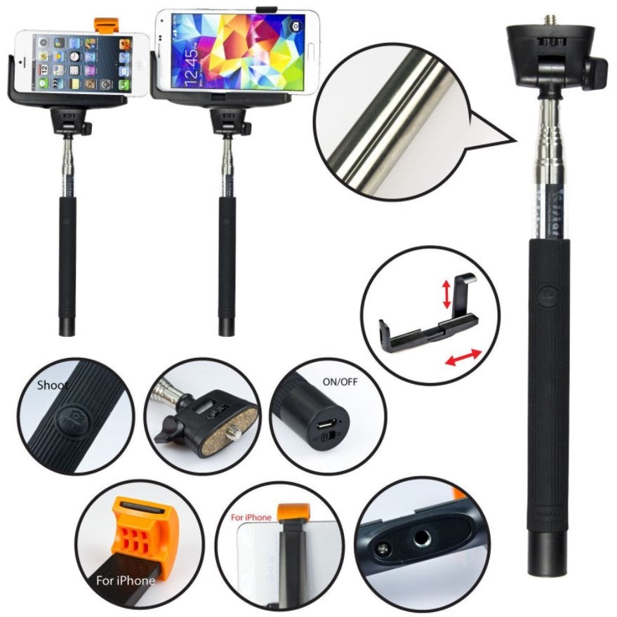 Selfie stick cu bluetooth pe maner, inclinatie reglabila, maxim 1m distanta, negru cu portocaliu, buz