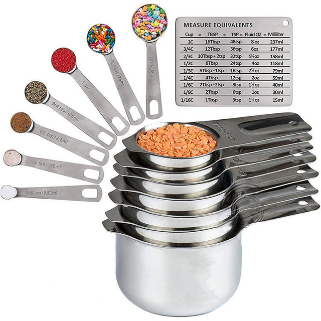 Set 14 ustensile pentru bucatarie cu 7 linguri de masurat si 7 cupe de masurat, tabel pentru masurare cu suport magnetic, otel inoxidabil - BUZ.RO