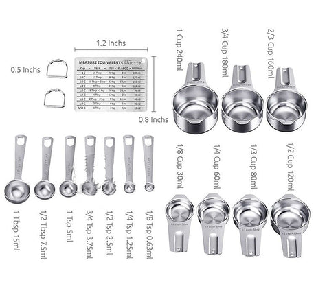 Set 14 ustensile pentru bucatarie cu 7 linguri de masurat si 7 cupe de masurat, tabel pentru masurare cu suport magnetic, otel inoxidabil - BUZ.RO