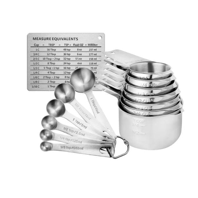 Set 14 ustensile pentru bucatarie cu 7 linguri de masurat si 7 cupe de masurat, tabel pentru masurare cu suport magnetic, otel inoxidabil - BUZ.RO