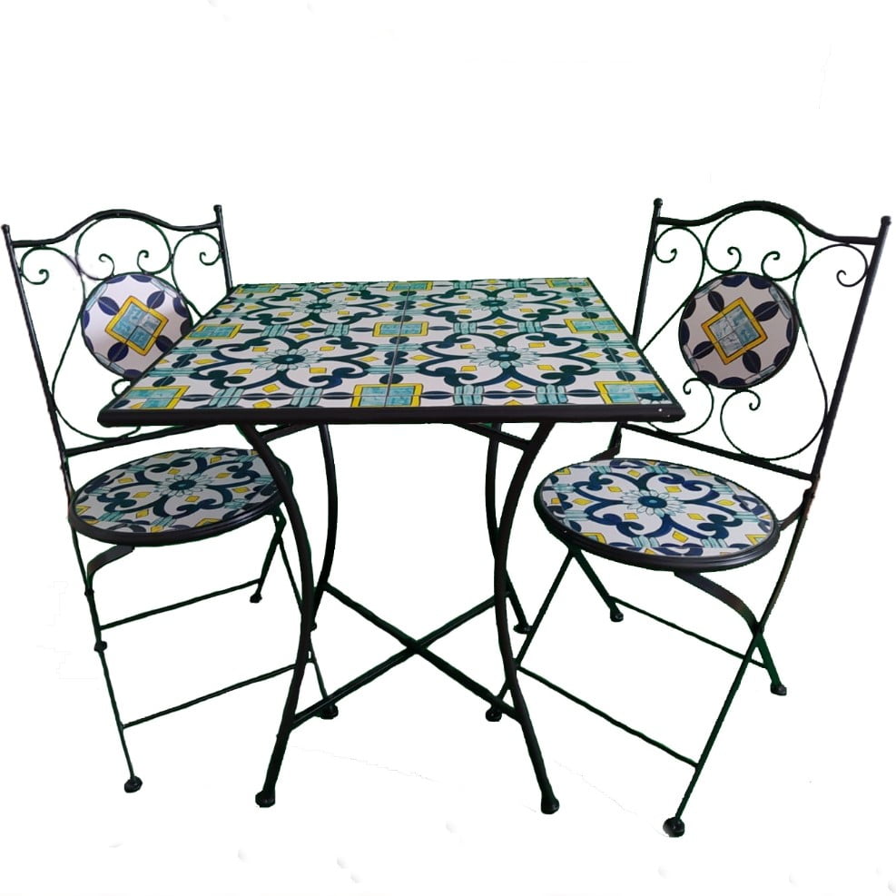 Set 2 scaune, din mozaic, cadru de fier, ceramica, interior/exterior terasa/gradina modern, pliabile