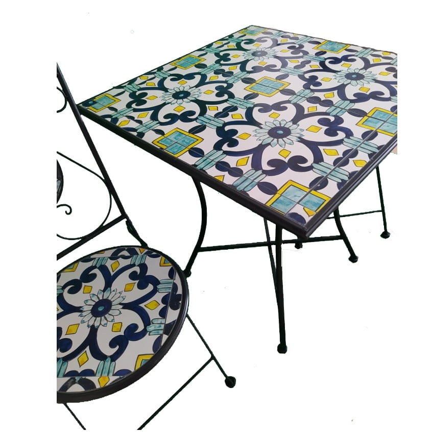 Set 2 scaune, din mozaic, cadru de fier, ceramica, interior/exterior terasa/gradina modern, pliabile