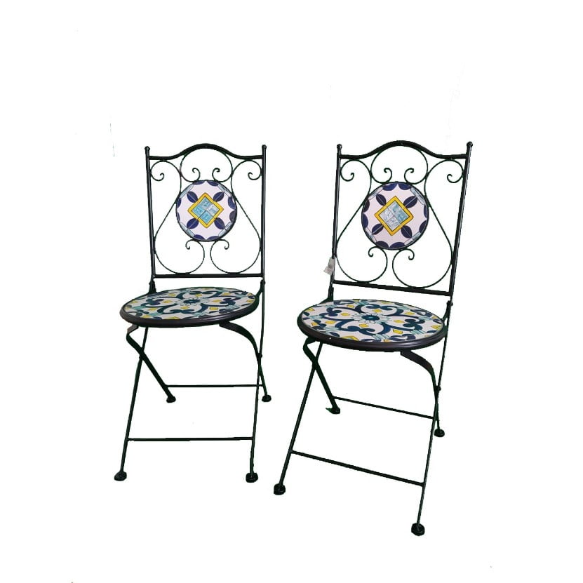 Set 2 scaune, din mozaic, cadru de fier, ceramica, interior/exterior terasa/gradina modern, pliabile