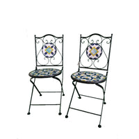 Set 2 scaune, din mozaic, cadru de fier, ceramica, interior/exterior terasa/gradina modern, pliabile