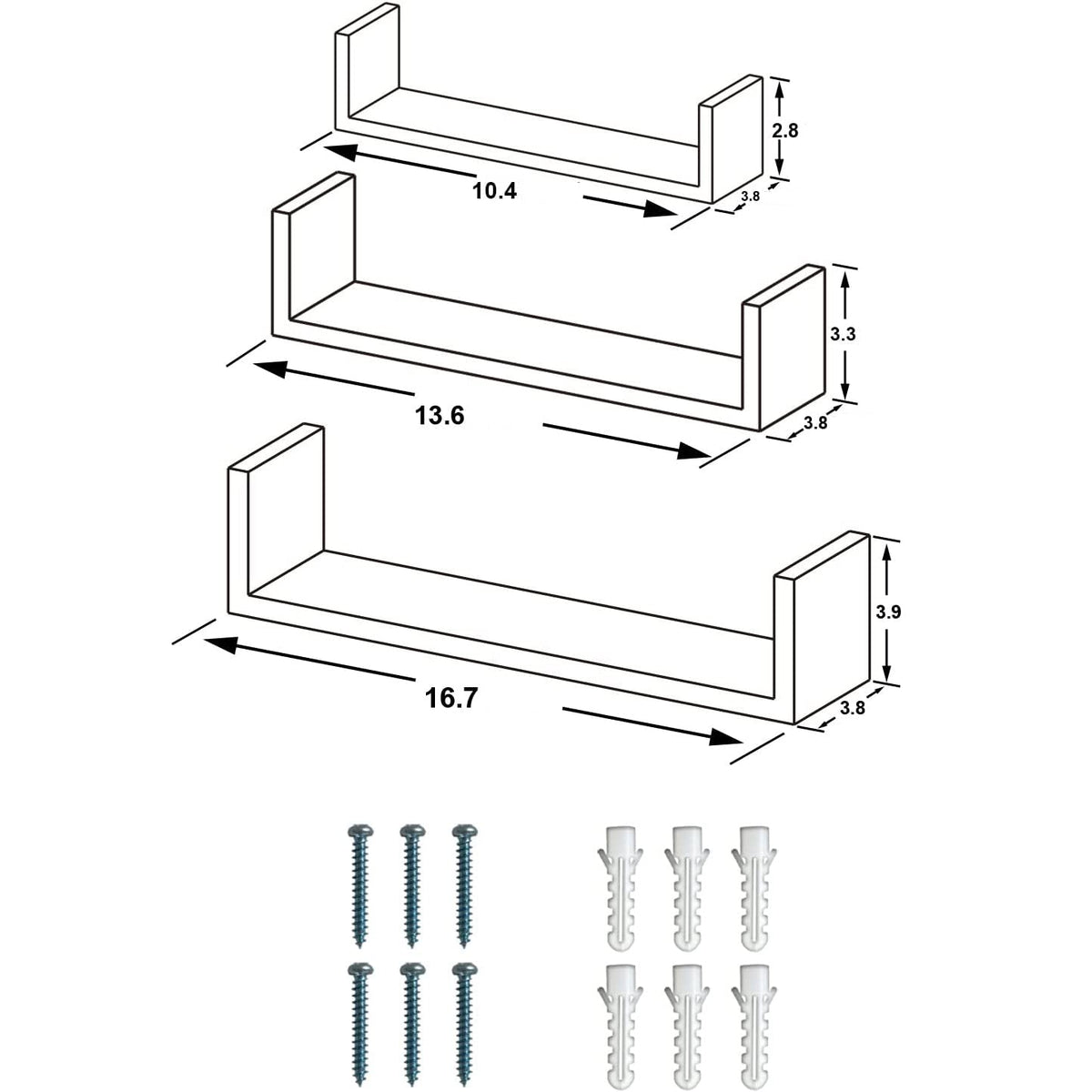 Set 3 etajere decorative suspendate U, material MDF, dimensiuni diferite, culoare stejar - BUZ.RO