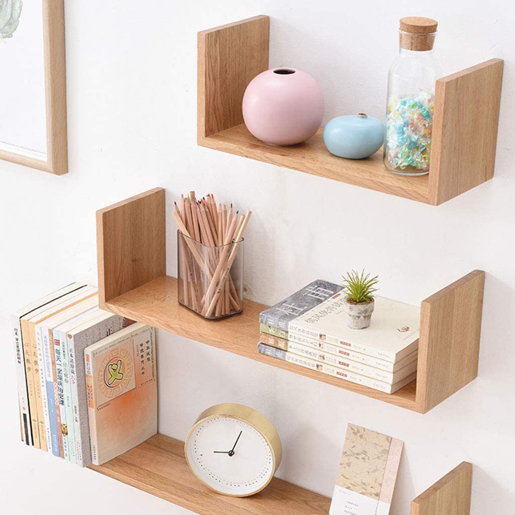 Set 3 etajere decorative suspendate U, material MDF, dimensiuni diferite, culoare stejar - BUZ.RO