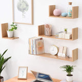 Set 3 etajere decorative suspendate U, material MDF, dimensiuni diferite, culoare stejar - BUZ.RO