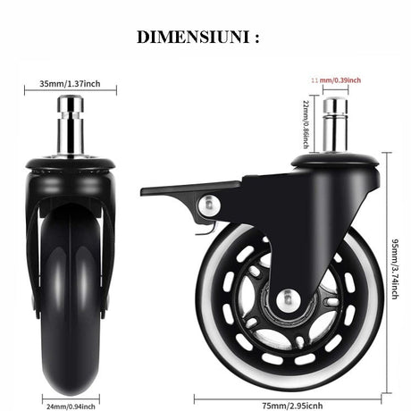 Set 5 roti silicon, universale, pentru scaun birou, gaming, 3 inch, cu frana pe roata
