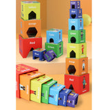 Set 7 cuburi educative, din carton, turn de construit, forme geometrice, numere, meserii, multicolor