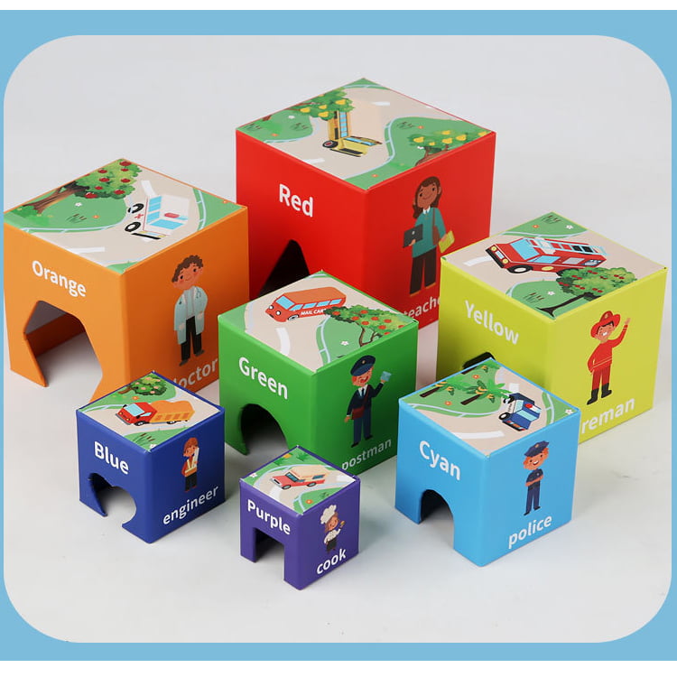 Set 7 cuburi educative, din carton, turn de construit, forme geometrice, numere, meserii, multicolor
