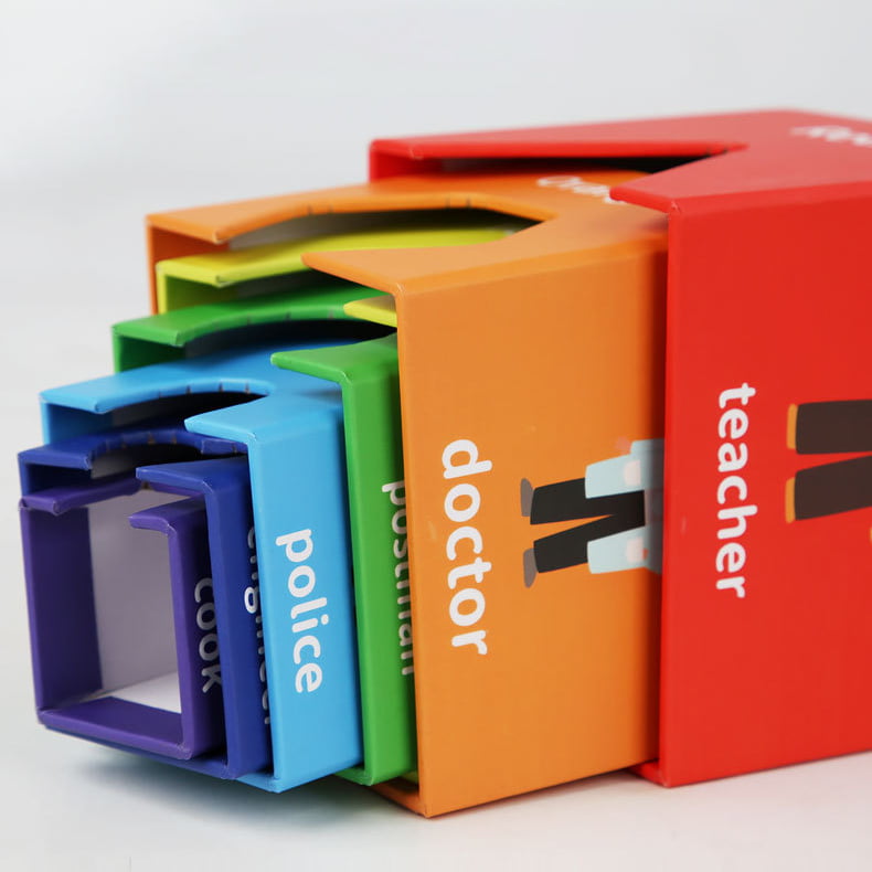 Set 7 cuburi educative, din carton, turn de construit, forme geometrice, numere, meserii, multicolor
