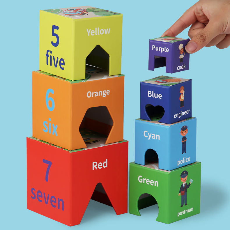 Set 7 cuburi educative, din carton, turn de construit, forme geometrice, numere, meserii, multicolor
