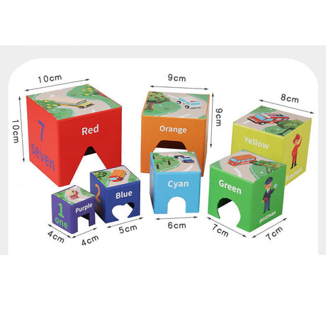 Set 7 cuburi educative, din carton, turn de construit, forme geometrice, numere, meserii, multicolor