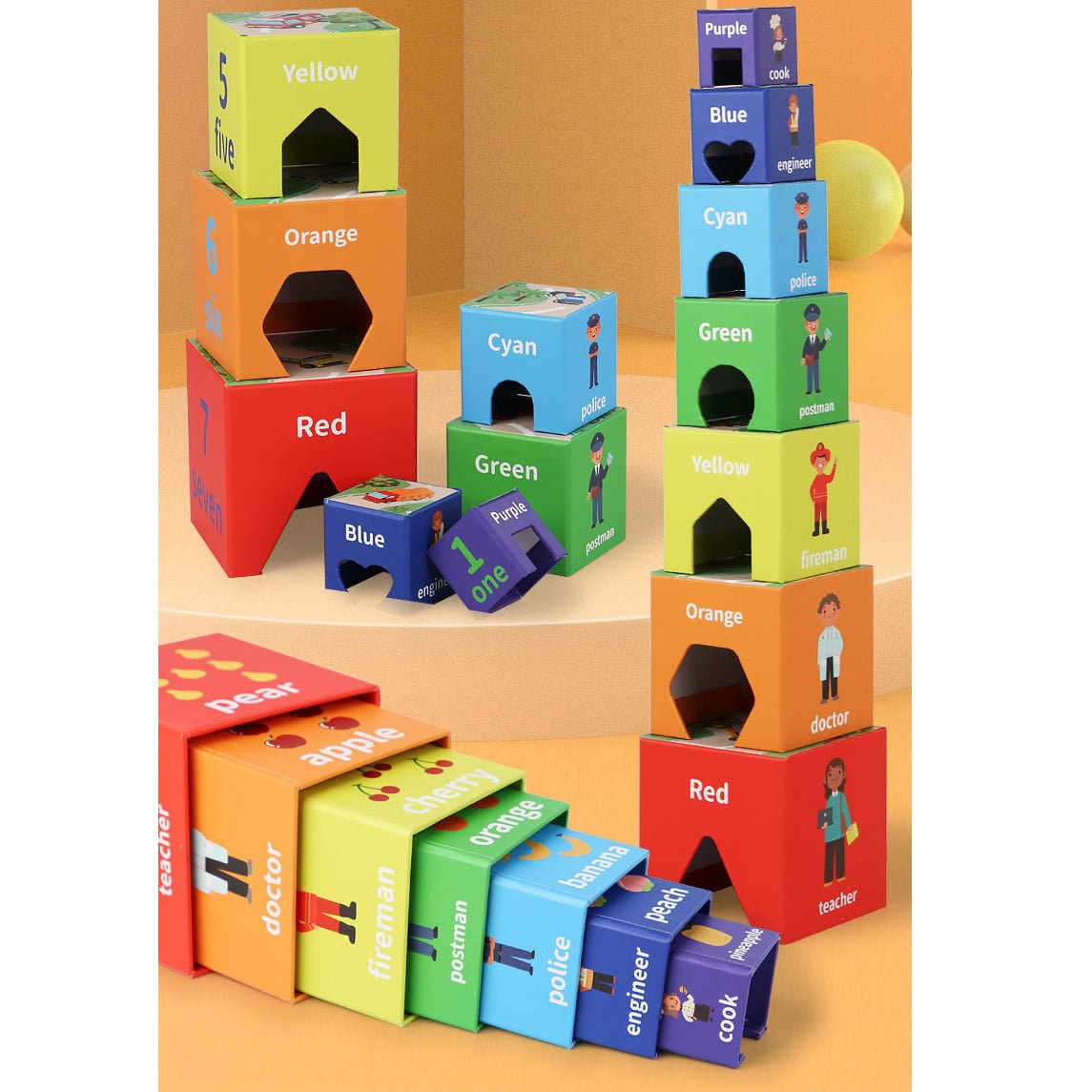 Set 7 cuburi educative, din carton, turn de construit, forme geometrice, numere, meserii, multicolor - BUZ.RO