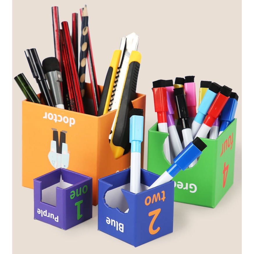 Set 7 cuburi educative, din carton, turn de construit, forme geometrice, numere, meserii, multicolor - BUZ.RO