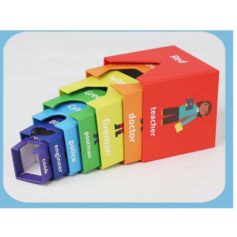 Set 7 cuburi educative, din carton, turn de construit, forme geometrice, numere, meserii, multicolor - BUZ.RO