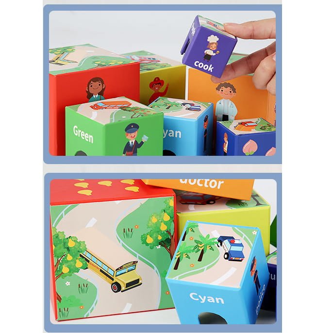 Set 7 cuburi educative, din carton, turn de construit, forme geometrice, numere, meserii, multicolor - BUZ.RO