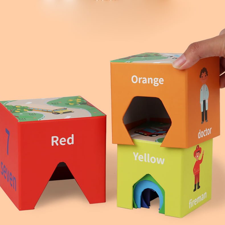Set 7 cuburi educative, din carton, turn de construit, forme geometrice, numere, meserii, multicolor - BUZ.RO