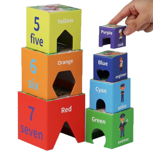Set 7 cuburi educative, din carton, turn de construit, forme geometrice, numere, meserii, multicolor - BUZ.RO