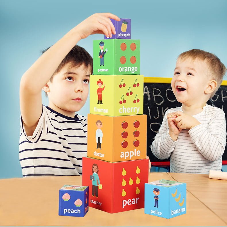 Set 7 cuburi educative, din carton, turn de construit, forme geometrice, numere, meserii, multicolor - BUZ.RO