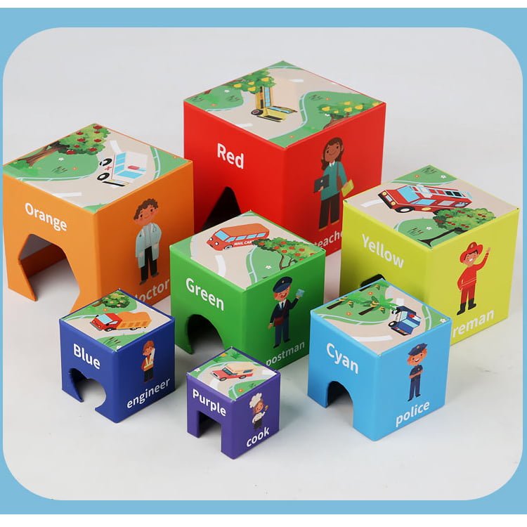Set 7 cuburi educative, din carton, turn de construit, forme geometrice, numere, meserii, multicolor - BUZ.RO