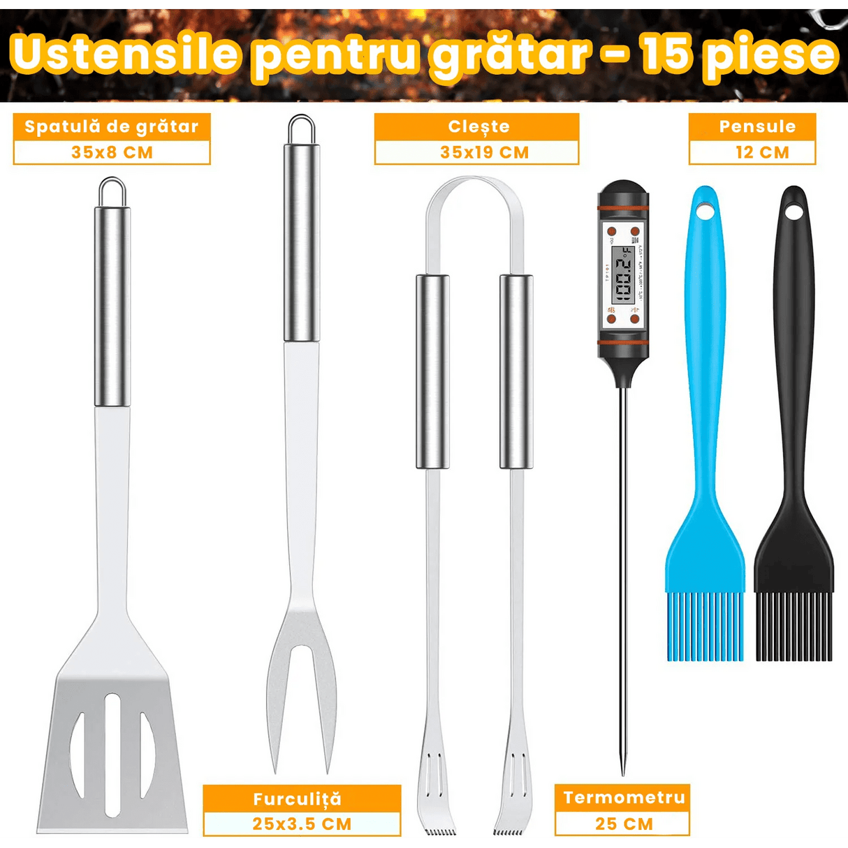 Set accesorii ustensile gratar geanta Frigorifica si Husa de Transport, cleste, termometru, paleta,otel inoxidabil, 15 accesorii - BUZ.RO