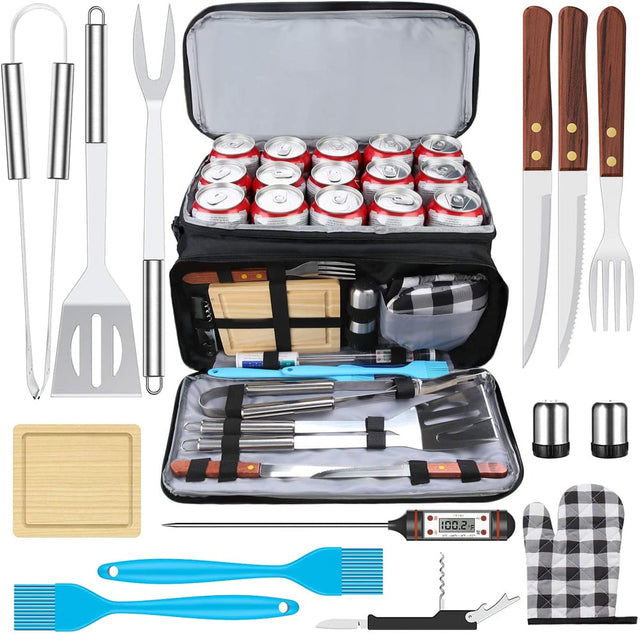 Set accesorii ustensile gratar geanta Frigorifica si Husa de Transport, cleste, termometru, paleta,otel inoxidabil, 15 accesorii - BUZ.RO
