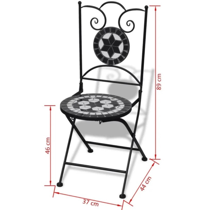 Set bistro, set masa si scaune, 2 scaune, mozaic, cadru de fier, pliabile, pentru interior/exterior, terasa/gradina, alb negru