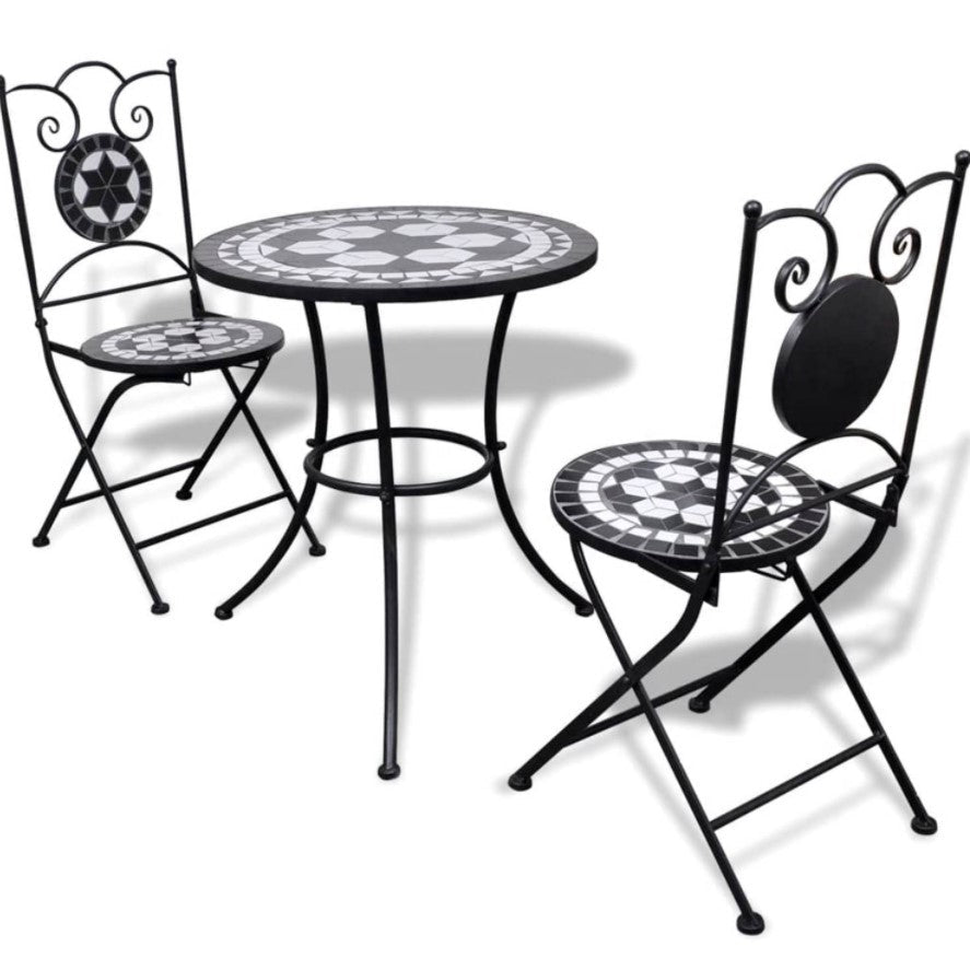 Set bistro, set masa si scaune, 2 scaune, mozaic, cadru de fier, pliabile, pentru interior/exterior, terasa/gradina, alb negru - BUZ.RO