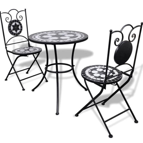 Set bistro, set masa si scaune, 2 scaune, mozaic, cadru de fier, pliabile, pentru interior/exterior, terasa/gradina, alb negru - BUZ.RO