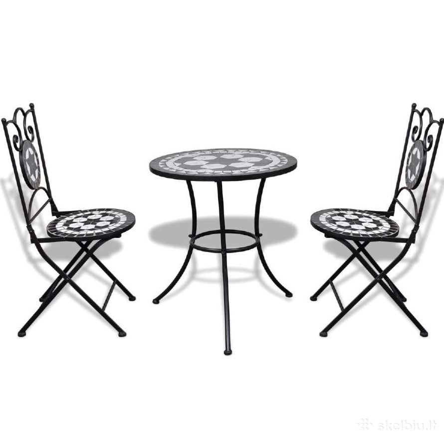 Set bistro, set masa si scaune, 2 scaune, mozaic, cadru de fier, pliabile, pentru interior/exterior, terasa/gradina, alb negru - BUZ.RO