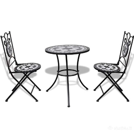 Set bistro, set masa si scaune, 2 scaune, mozaic, cadru de fier, pliabile, pentru interior/exterior, terasa/gradina, alb negru - BUZ.RO