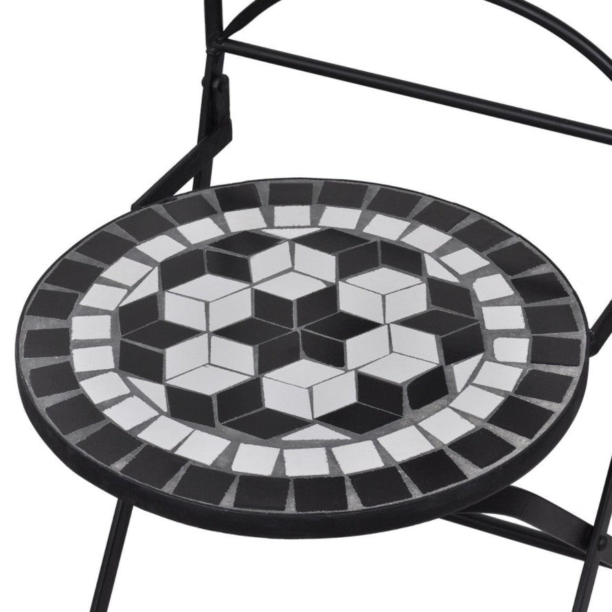 Set bistro, set masa si scaune, 2 scaune, mozaic, cadru de fier, pliabile, pentru interior/exterior, terasa/gradina, alb negru - BUZ.RO