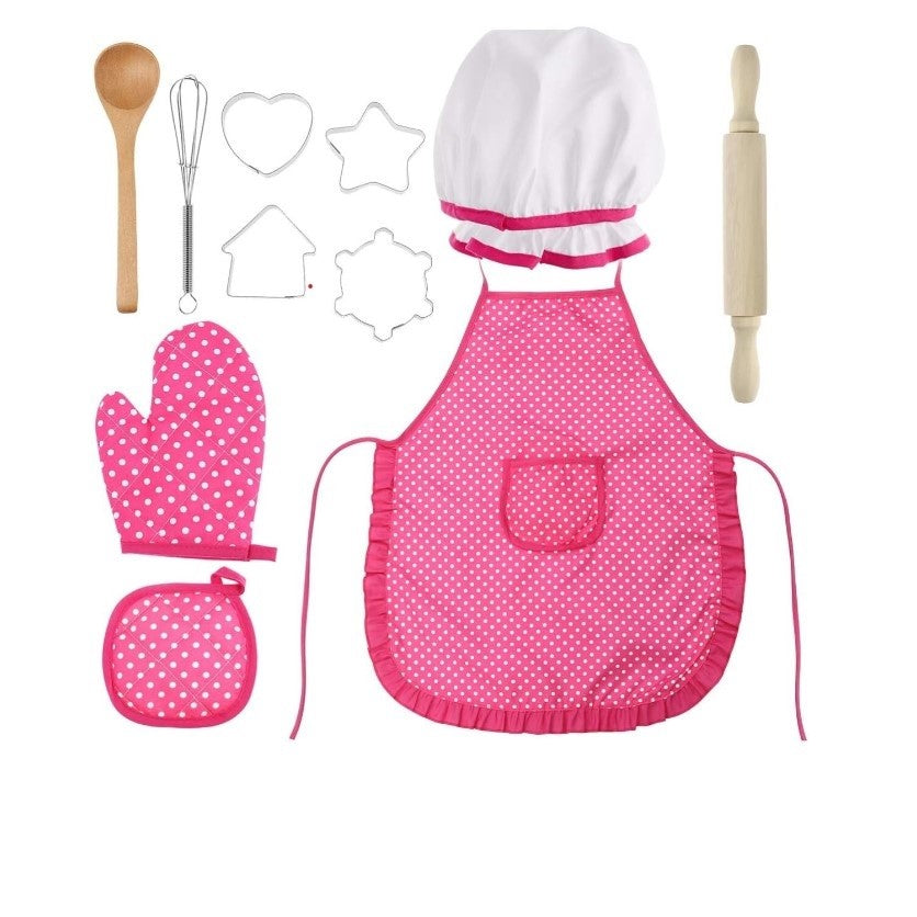 Set bucatarie copii roz cu sort, palarie,sucitor si alte accesorii , 11 piese