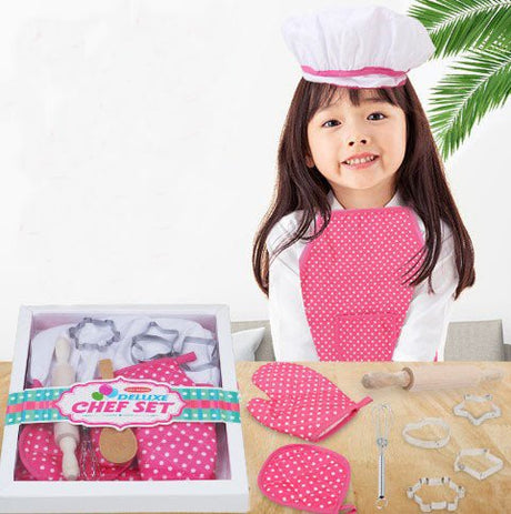 Set bucatarie copii roz cu sort, palarie,sucitor si alte accesorii , 11 piese - BUZ.RO